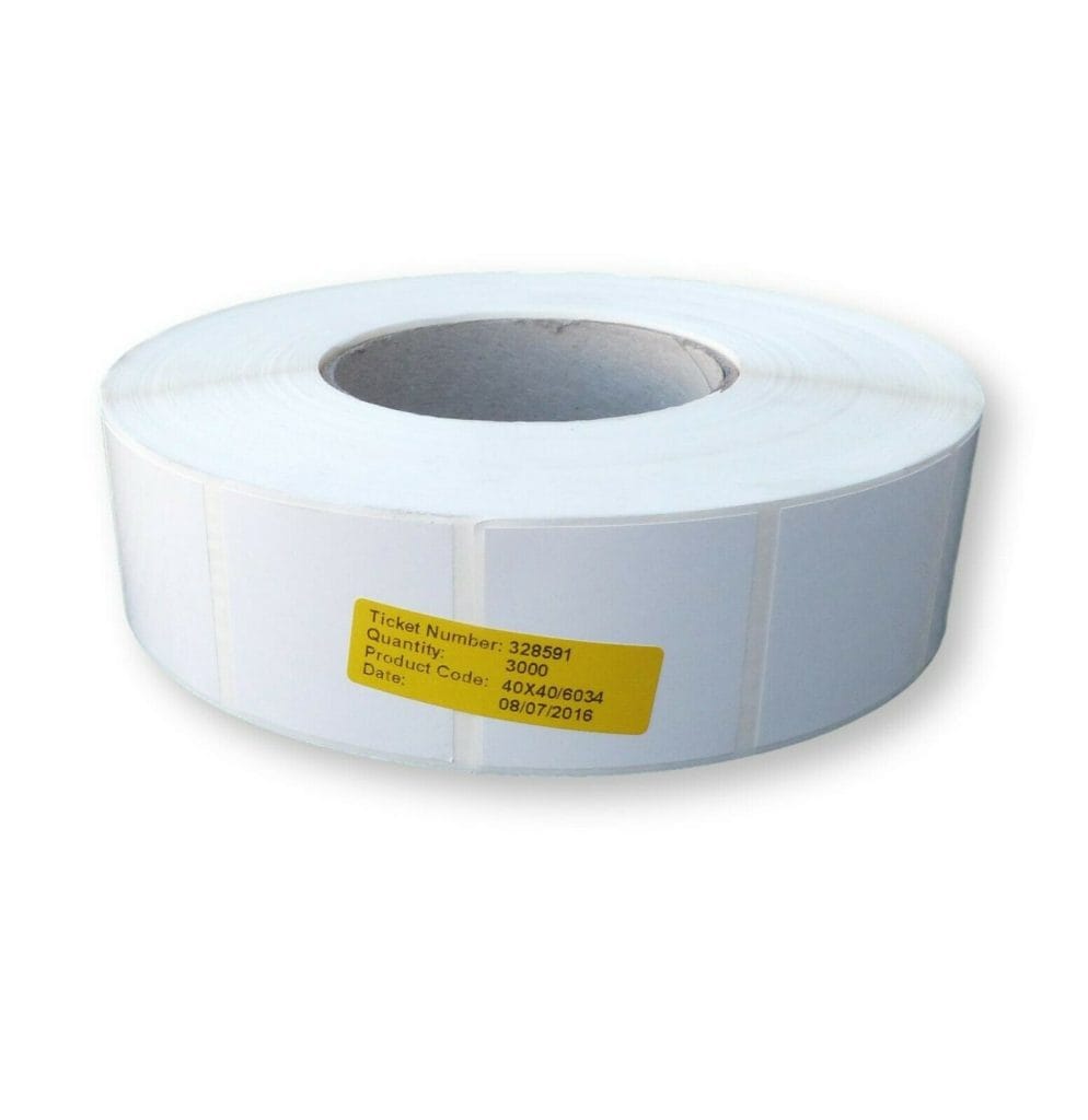 40mm x 40mm square White polypropylene labels 76mm core 3000 labels on a roll Labelling