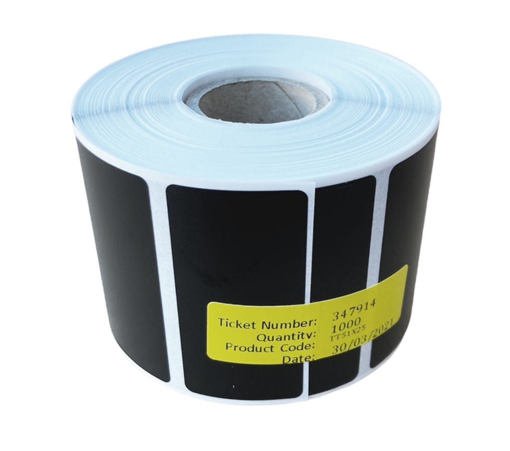 1000 roll 50mm x 25mm Black polypropylene rectangular labels Labelling Solutions label